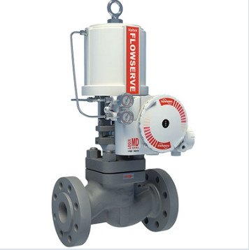 Soupape de commande pneumatique blanche et rouge avec la DM du positionneur UAS Logix 3200 de Flowserve