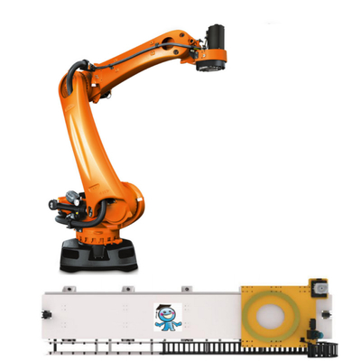 KUKA Robot de palettisation KR 240 R3200 PA avec rails de guidage CNGBS comme bras de robot industriel de palettisation automatique