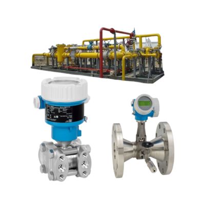 Ensemble de soupapes de régulation de débit avec débitmètre à vortex Endress+Hauser Proline Prowirl R 200 et émetteur de pression Deltabar PMD55B.