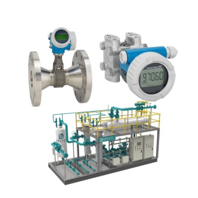 Ensemble de soupapes de régulation de débit avec débitmètre à vortex Endress+Hauser Proline Prowirl R 200 et émetteur de pression Deltabar PMD55B.
