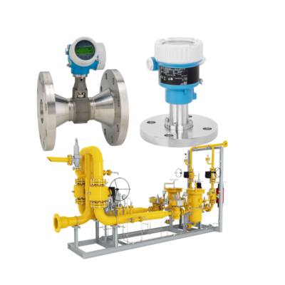 Skid de vanne de gaz naturel équipé d'un débitmètre Endress+Hauser Proline Prowirl R 200 et d'un transmetteur de pression Deltabar PMC51B.