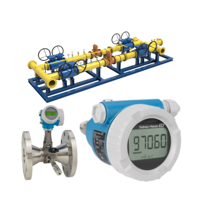 Skid de vanne de gaz naturel équipé d'un débitmètre Endress+Hauser Proline Prowirl R 200 et d'un transmetteur de pression Deltabar PMC51B.