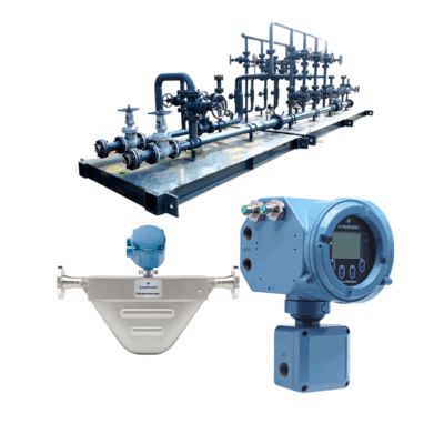 Skid de vanne de gaz naturel équipé d'un débitmètre Coriolis Micro Motion F100A et d'un transmetteur 5700 installé sur site.