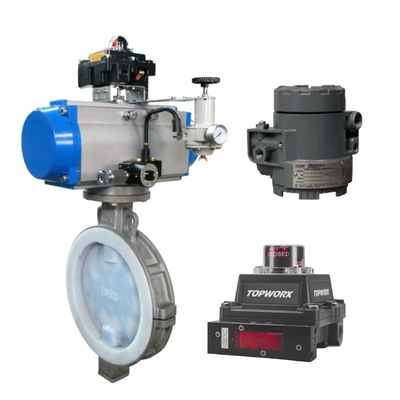Vanne de contrôle avec convertisseur I/P Fisher 846 et détecteur de proximité TopWorx GO Switch Modèle 73 / Modèle 81 et positionneur de vanne Fisher DVC6200 pour un contrôle de haute précision en environnements difficiles