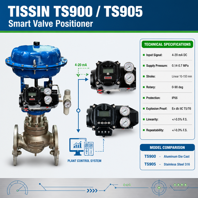 Positionneur de vanne intelligent Tissin TS900 TS905 Contrôleur de vanne numérique avec signal d'entrée 4-20mA CC Antidéflagrant Ex db IIC T5/T6 et protection IP66