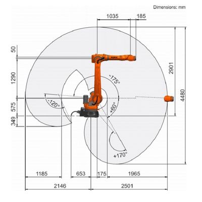 La charge utile R2500 61kg de Kr 50 atteignent 2501mm robot de palletisation de 6 axes
